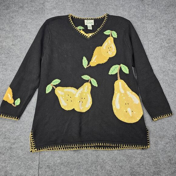 Vintage Quacker Factory Sweater Womens Large Pear Fruit Sequin 90s Novelty Ramie - Picture 1 of 5